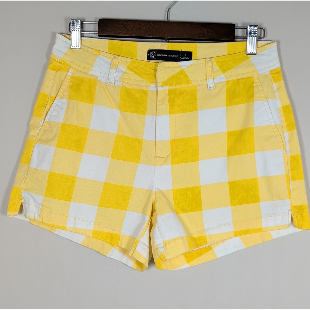 New York & Company Yellow White Gingham Plaid Shorts Womens Size 2 Casual Summer